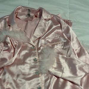 Lulu's Pink Satin Feather-Trim Pajama Set with Crystal Buttons